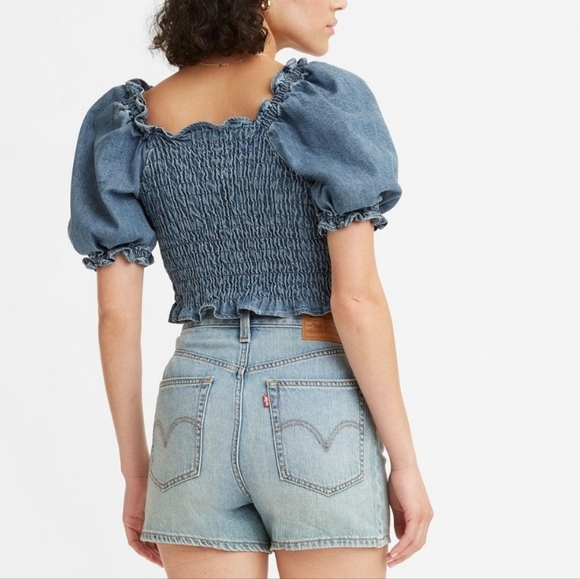 Levi's Retro 70s Smocked Denim Crop Top Blue Size Large Milkmaid - Picture 7 of 13